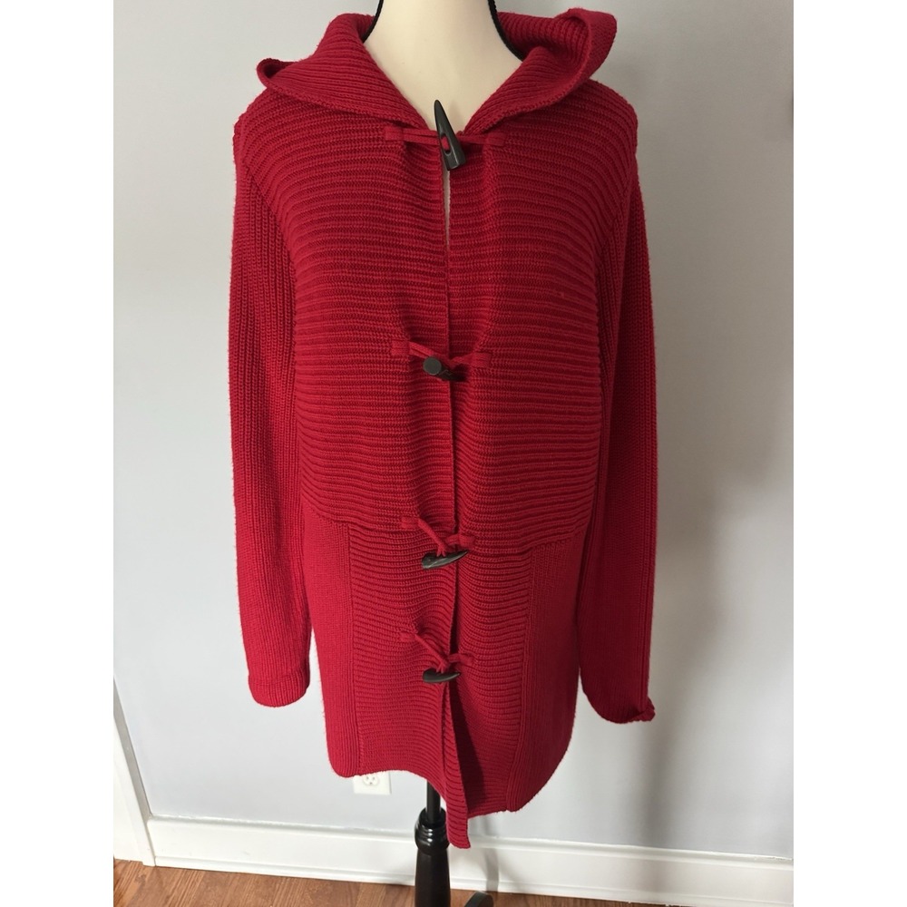 CHAPS Women's M Red Hooded Toggle Cardigan Sweater Chunky Knit Duffle Coat